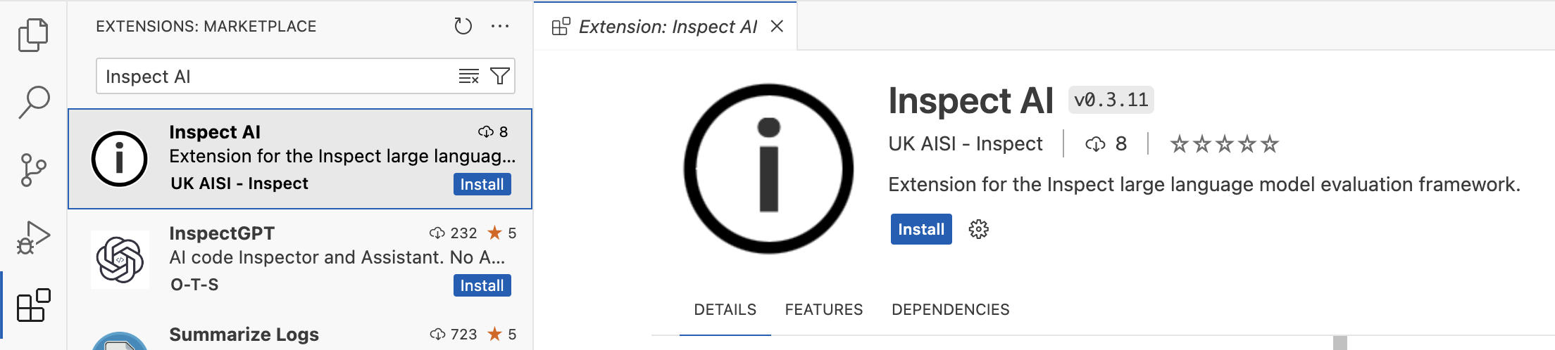 The VS Code Extension Marketplace panel is active with the search string 'Inspect AI'. The Inspect extension is selected and an overview of it appears at right.